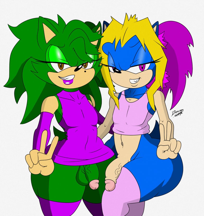 2boys androgynous anthro ass balls big_ass big_balls blue_fur bottomless breasts clothed clothing crossdressing damian_hodge delcia delcia_the_hedgehog eyeshadow femboy flaccid fur girly green_fur habbodude half-dressed hedgehog legwear lipstick looking_at_viewer makeup male male_only mammal multiple_boys multiple_males original_character penis small_breasts sonic_(series) standing testicles trap wide_hips yamisonic yuki_sairenji-noroi