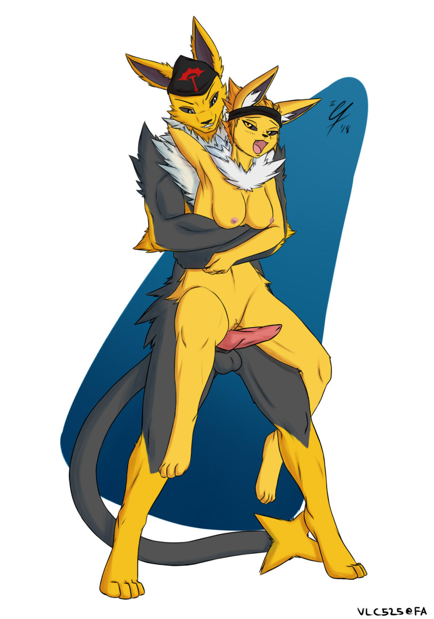 1boy 1girls 2018 4_toes alternate_color anthro areolae armpits belly big_ears big_testicles black_fur black_sclera blue_background breasts clothing digital_media_(artwork) duo eeveelution erection fangs feet female fur furry grey_eyes hair hat headband holding hug hybrid inner_ear_fluff interspecies jolteon long_ears long_legs luxray male navel nintendo nipples nude open_mouth original_character paws penis pokémon_(species) pokemon pokemon_(species) pokemon_rgby pussy simple_background size_difference smile spread_legs standing straight tail teeth testicles text tumblr video_games vlc525 watermark white_border white_fur yellow_eyes yellow_fur