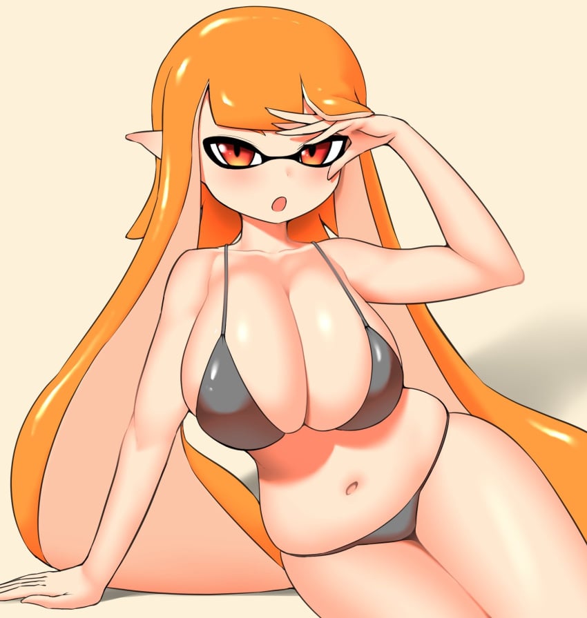 2024 belly belly_button big_breasts bikini black_bra black_clothing black_panties blush breasts chubby cleavage female female_focus female_only fixing_hair hands_on_breasts inkling inkling_girl jpg kaori_(splatoon) large_boobs large_breasts leaning light-skinned_female light_skin long_hair looking_at_viewer nobunagapero on_knees orange_hair pointy_ears red_eyes shoulders simple_background skimpy_clothes slightly_chubby slightly_chubby_female solo solo_female solo_focus splatoon tentacle tentacle_hair thick_thighs