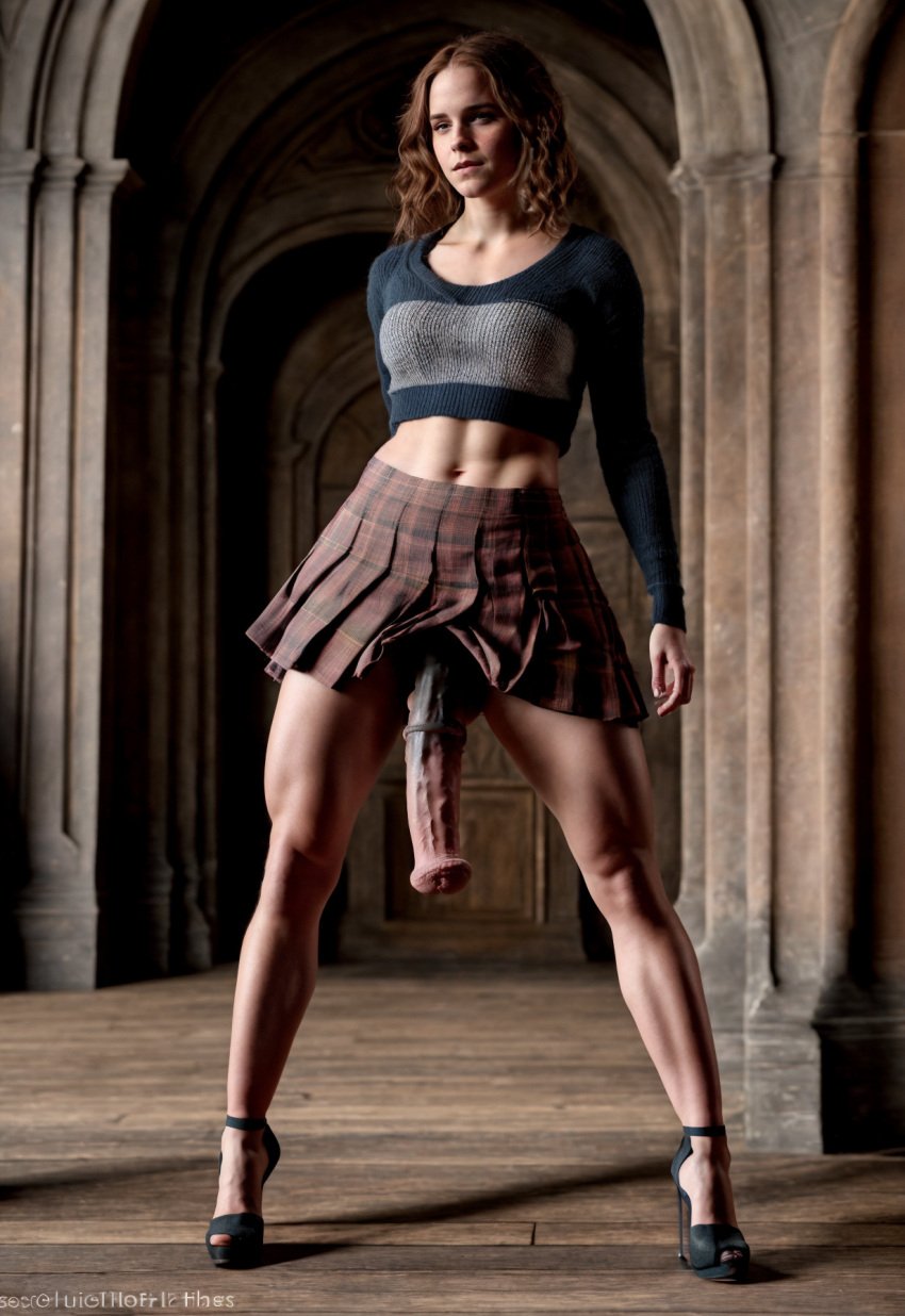 ai_generated brown_eyes brown_hair curly_hair emma_watson futa_only futanari harry_potter heels hermione_granger horse_penis horsecock huge_cock mountaineer_(artist) muscular solo_futa stable_diffusion tagme tartan_skirt