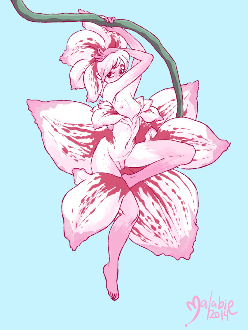 1futa 2014 balls blue_background breasts flaccid flower flower_petals futa_only futanari humanoid humanoid_penis malabie malabie_(artist) naked navel nude personification pink_body pink_eyes pink_hair plant plant_girl small_penis solo white_body