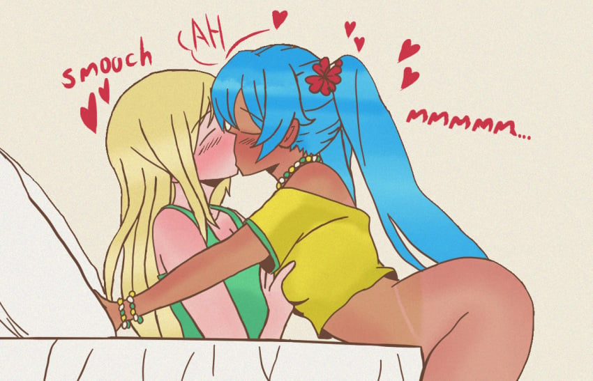 anna_aveiro_nakumura_dos_santos_moreira_cuccittini blonde_hair blush brazil brazilian brazilian_female brazilian_miku crossover cyan_hair grabbing_breasts green_shirt hatsune_miku hearts_around_head ketrita kissing latin_american_hatsune_miku_(meme) lesbian_kiss na_nare_hana_nare smooch tan tanned_female tanned_skin vocaloid yellow_shirt yuri yuri_kiss