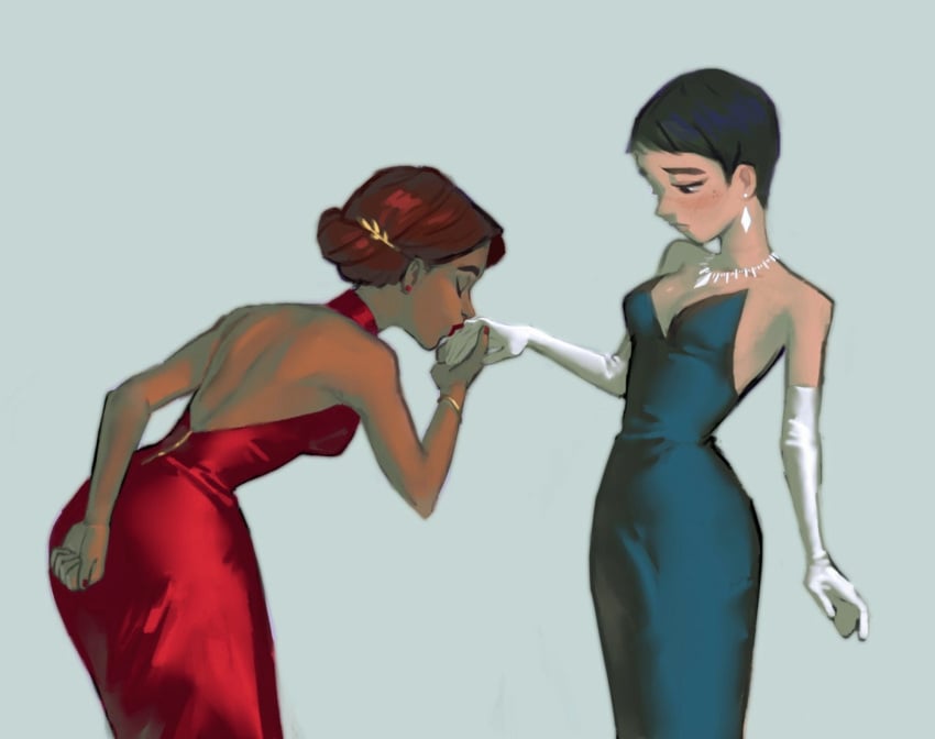 2girls artist_request blue_dress carmen_sandiego carmen_sandiego_(2019) carmen_sandiego_(franchise) chocolate_and_vanilla dark-skinned_female dress duo earrings female female_focus female_only gloves jewelry julia_argent julia_argent_(carmen_sandiego) kissing kissing_hand light-skinned_female long_hair multiple_girls necklace opera_gloves red_dress short_hair skinny skinny_female skinny_girl skinny_waist wholesome yuri