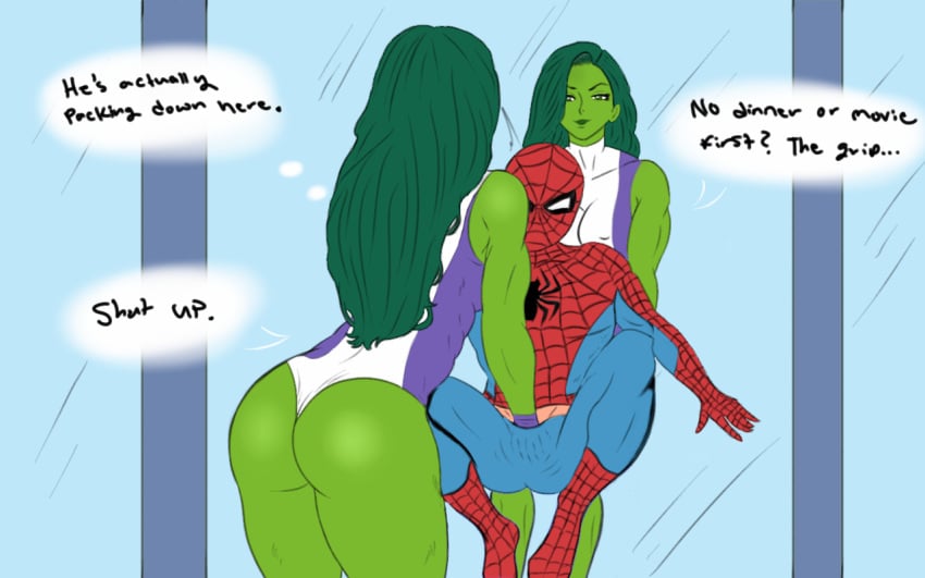 1boy 1girls 2d 2d_(artwork) ass big_ass crotch_rub dialogue english_text female femdom green-skinned_female green_body green_eyes green_hair groping hand_in_pants hulk_(series) leotard long_hair male marvel marvel_comics masked_male muscle_girl one-piece_suit reflection self_upload she-hulk sketchintheshade spider-man spider-man_(series) straight superhero superheroine text thick_thighs thong_leotard toned_female