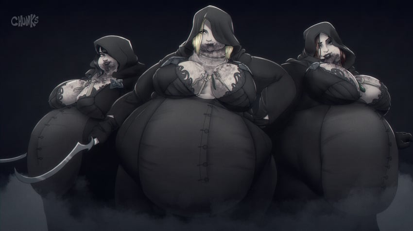 3girls bbw bela_(resident_evil) big_belly black_clothing cassandra_(resident_evil) chunkerchunks cleavage daniela_(resident_evil) fat fat_belly fat_fetish hood large_belly resident_evil resident_evil_8:_village ssbbw tagme