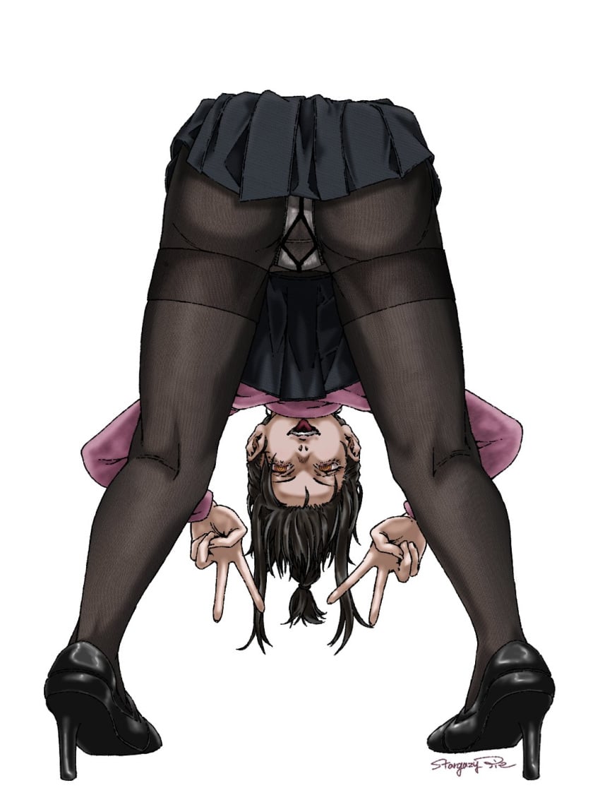 bending_over chainsaw_man heels hind_legs looking_at_viewer nayuta_(chainsaw_man) pantyhose peace_sign skirt skirt_up stargazypie tounge_out