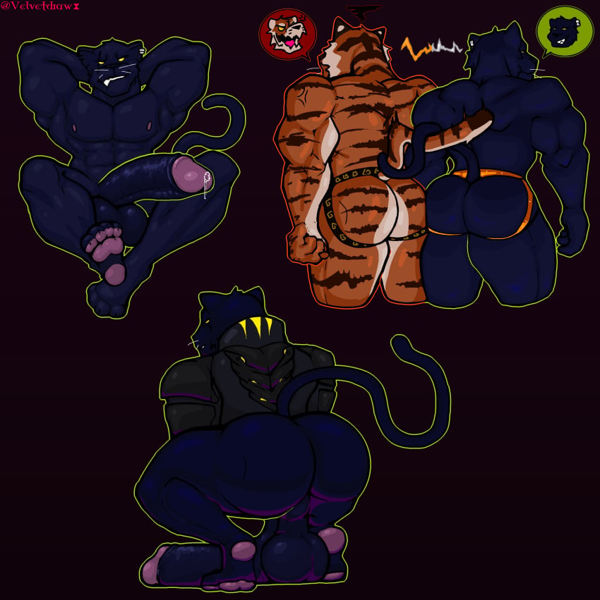 abs absurd_res anthro ass balls big_balls big_butt big_penis bodily_fluids boss_koji_(fortnite) clothing comparing duo epic_games feet felid feline fortnite fortnite:_battle_royale genital_fluids genitals hi_res jockstrap male male/male mammal muscular muscular_male oscar_(fortnite) pantherine penis precum presenting presenting_hindquarters rear_view smile stripes tiger underwear velvetdraw