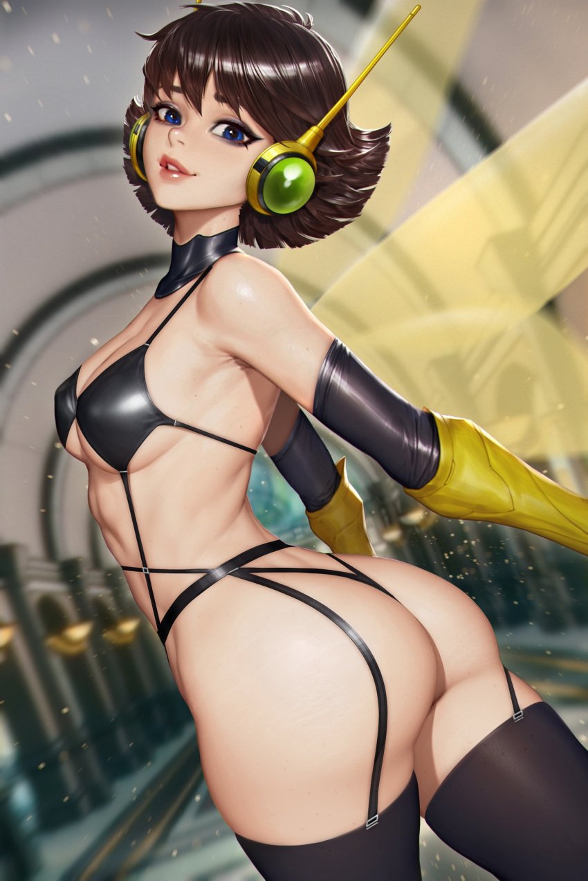 1boy 1girls ass ass_focus bee_girl bikini black_bikini black_underwear blue_eyes brown_hair costume female female_focus female_only full_body gloves headphones hips looking_at_viewer marvel marvel_comics neoartcore pose posing posing_for_the_viewer sexy_armpits sexy_body sexy_pose short_hair showing_ass showing_off small_body small_boobs small_breasts small_waist smiling smiling_at_viewer socks solo thick_thighs thighhighs thighs tiny_body tiny_girl tiny_waist turning_head underwear waist wasp_(marvel) wings wings_on_back yellow_wings