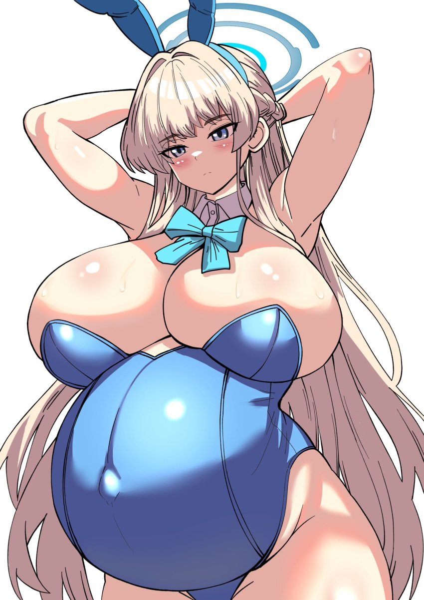 animal_ears armpits arms_behind_head big_belly blonde_hair blue_archive blue_eyes blush bow bowtie braid breasts cleaning_&_clearing_(blue_archive) closed_mouth covered_navel cowboy_shot curvy detached_collar expressionless fake_animal_ears female halo highres huge_breasts leotard long_hair millennium_science_school_student outie_navel playboy_bunny pregnant rabbit_ears shiny_skin sidelocks skindentation solo standing stark_(shitake) sweat thick_thighs thighs toki_(blue_archive) toki_(bunny)_(blue_archive) very_long_hair white_background wide_hips