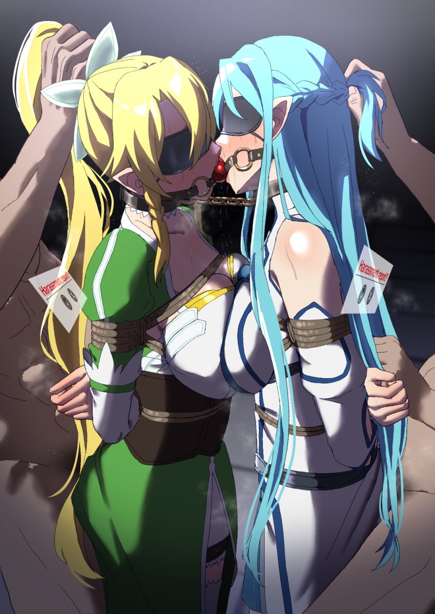 2girls arms_behind_back asuna_(sao) ball_gag bare_shoulders black_blindfold blindfold blonde_hair blue_hair bondage bondage bondage bound bound_arms bound_together breasts breasts_squeezed_together chains choker cleavage collar corset dress gag gagged highres large_breasts leafa_(sao) linked_gag long_hair multiple_girls pointy_ears ponytail restrained saliva saliva_drip shibari_over_clothes sidelocks skindentation sword_art_online thighhighs very_long_hair white_dress white_thighhighs zetsu_red