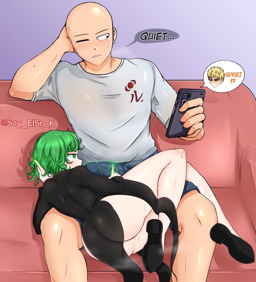 1boy 1female 1girls ass ass_focus bald biceps big_ass big_butt black_dress calling curly_hair_female green_eyes green_hair on_couch one-punch_man phone saitama short_hair soy_elsr_k tatsumaki teasing thick_ass thick_legs thick_thighs