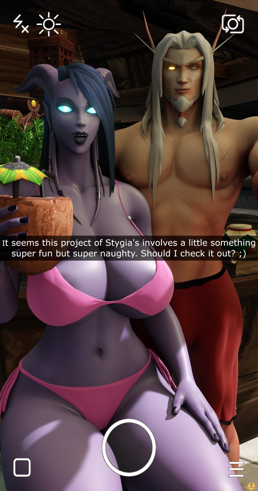 1boy 1girls 3d big_breasts bikini blizzard_entertainment blood_elf draenei female horns huge_breasts kalec_sunwhisper light-skinned_male light_skin male mr_sunwhisper nipple_slip nude original_character purple_hair purple_skin snapchat stygia_(ladystygia) tail thick_thighs voluptuous voluptuous_female warcraft world_of_warcraft