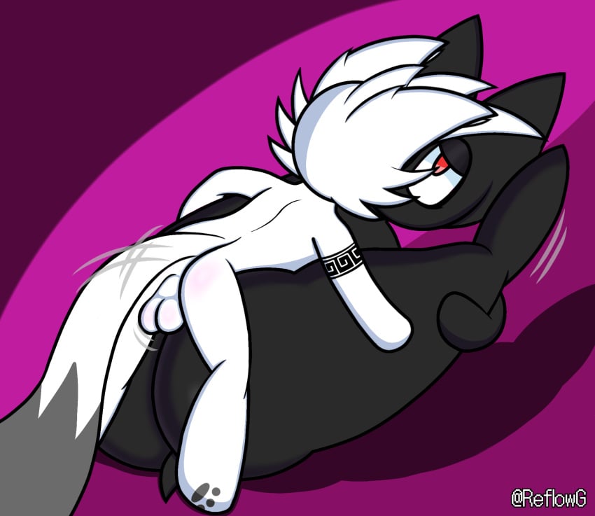 anthro ass balls bat batt_the_bat big_butt black_body canid canine canis character_request duo female from_front_position genitals hi_res lying male male/female mammal mating_press missionary_position on_back red_eyes reflow_(reflowg) reflowg sex tattoo white_body wolf