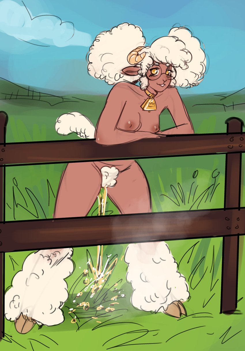 2025 absurd_res alternate_version_at_source anthro areola arm_support bell bell_collar biped bodily_fluids bovid breasts caprine cloven_hooves collar cowbell curled_horn digital_media_(artwork) eyewear female female_peeing fence field fur genital_fluids glasses grass hair hair_bun hi_res hooves horn lameboast mammal nipples nude outdoor_nudity outside peeing peeing_on_ground peeing_outside pink_areola pink_nipples plant pubes round_glasses sheep solo standing twin_buns urine urine_on_ground urine_stream wood wood_fence wool_(fur) yellow_eyes yellow_urine