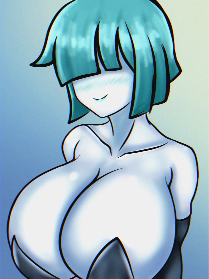 barely_clothed blue_hair blue_lipstick dtrece1313 hair_over_eyes happy huge_breasts large_breasts leoremt light_blush oc original original_character pale_skin rem_(leoremt) white_skin