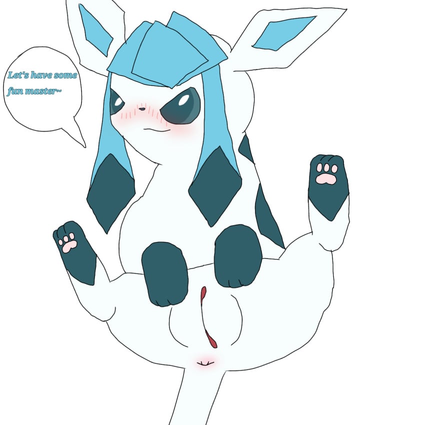 anus ass blue_eyes blue_sclera blush eeveelution english_text female female_only feral generation_4_pokemon glaceon gloves_(marking) hi_res looking_at_viewer nintendo nude on_back pokemon pokemon_(species) pussy smile solo spread_legs tagme white_fur