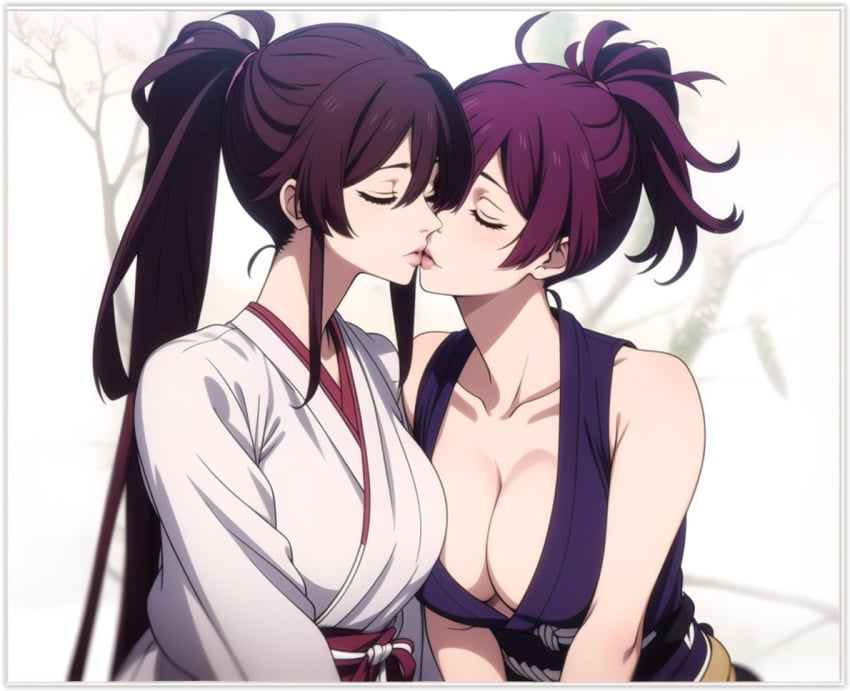 2girls ai_generated flirting girl_on_girl jigokuraku kissing lesbian_couple lesbian_kiss lovers romantic yamada_asaemon_sagiri yuri yuzuriha_(jigokuraku)