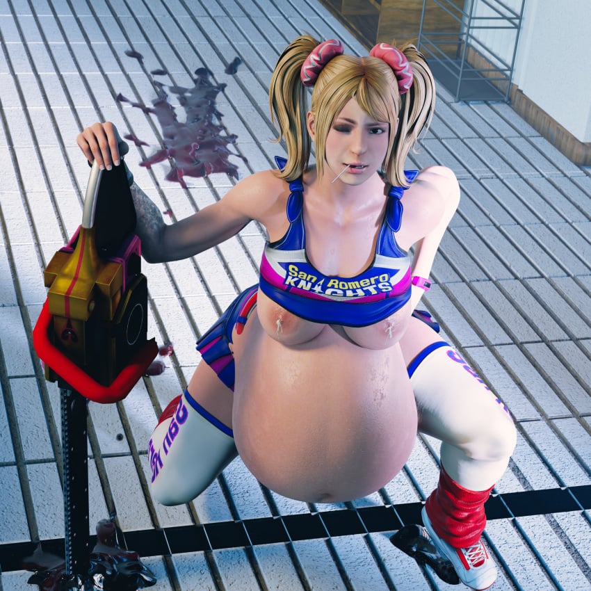 1girls 3d belly big_belly big_breasts blonde_hair breasts clubzenny female juliet_starling lactation lactation_without_expressing lollipop_chainsaw nipples pregnant solo twintails