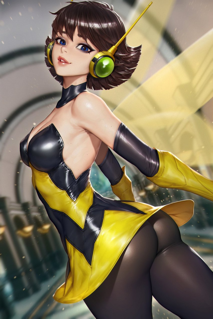 ass ass_focus bee_girl black_skirt black_socks blue_eyes brown_hair costume female female_focus female_only gloves headphones looking_at_viewer marvel marvel_comics neoartcore short_hair showing_ass showing_off small_body small_boobs small_breasts socks thick_thighs thighhighs thighs tiny_waist turning_head wasp_(marvel) wings wings_on_back yellow_shirt yellow_wings