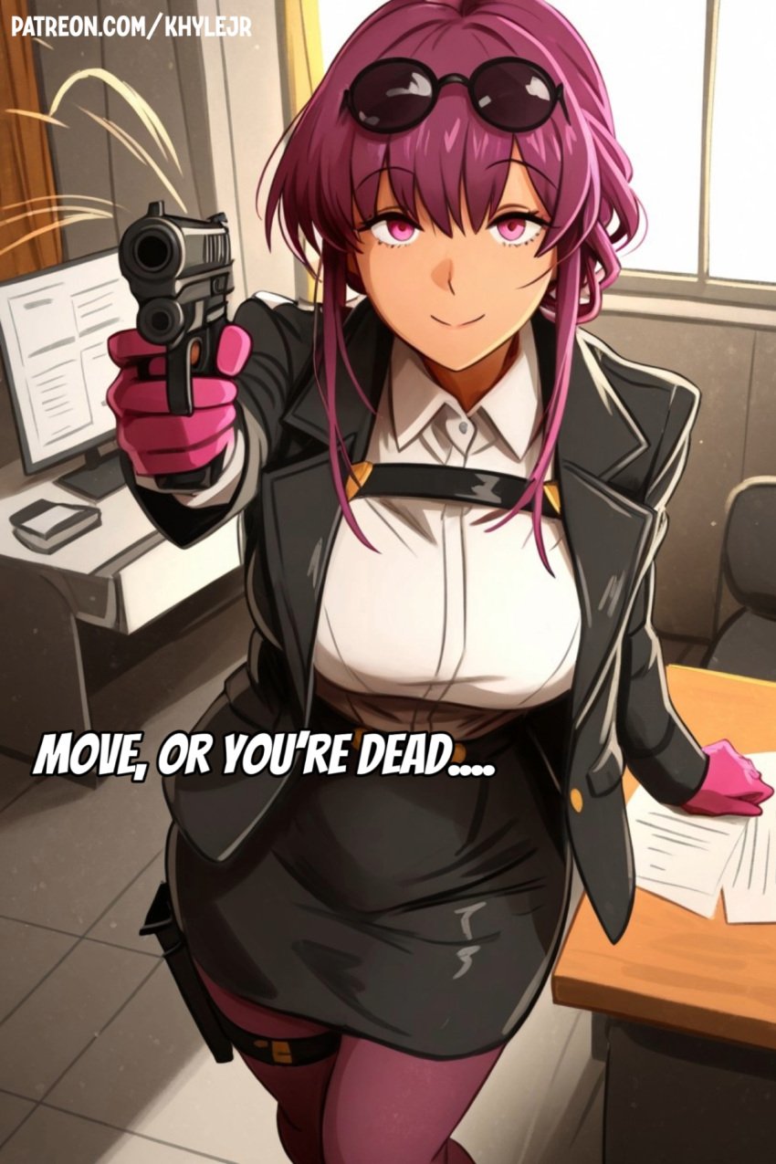 1girls ai_generated high_quality highres honkai:_star_rail kafka_(honkai:_star_rail) khylejr patreon_exclusive pink_gloves pink_hair pink_pantyhose pointing_gun pointing_gun_at_viewer sunglasses sunglasses_on_head white_shirt