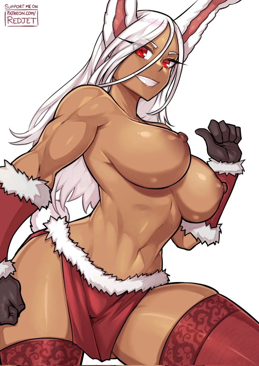 alternate_version_available bare_shoulders black_gloves boku_no_hero_academia braless christmas christmas_clothing christmas_gloves christmas_outfit christmas_skirt dark_skinned_female fur_trimmed_skirt looking_at_viewer mirko muscular_female muscular_woman my_hero_academia rabbit_ears rabbit_girl rabbit_tail red_eyes redjet superheroine topless topless_female white_hair