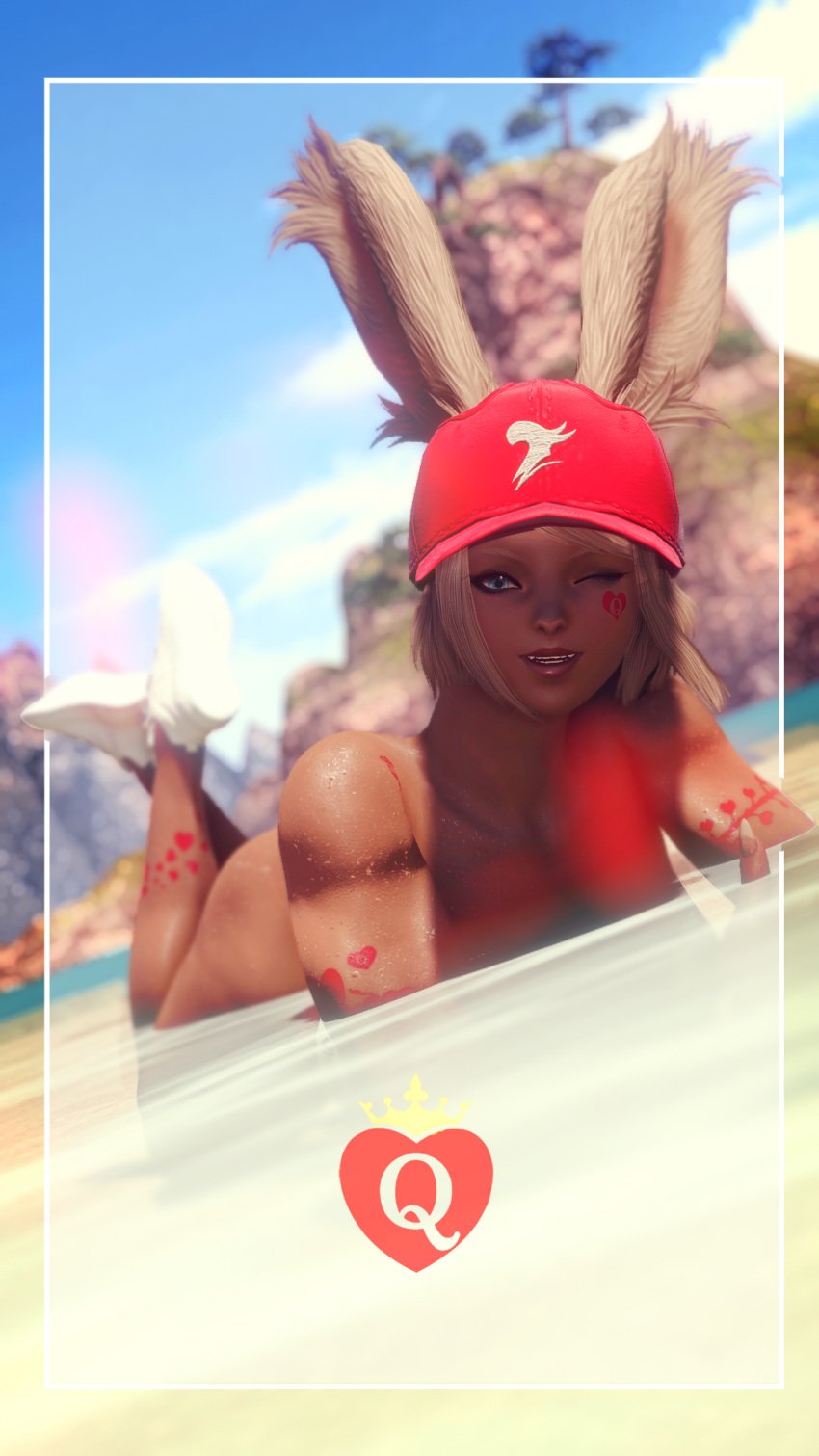 3d beach blue_eyes chereal eye_contact eye_contact_pov female female_only final_fantasy final_fantasy_xiv gpose(ffxiv) hi_res highres laying_down light_brown_hair presenting queen_of_hearts sand smile smirk sneakers sports_bra sportswear tagme tanned viera water wet wet_skin wink