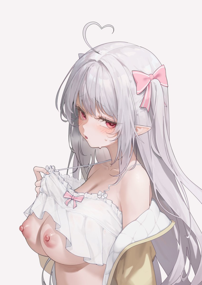 ahoge blush bra breasts female heart heart_ahoge highres large_breasts long_hair looking_at_viewer niliu_chahui nipples open_mouth original pink_eyes pointy_ears simple_background solo underwear white_background white_bra white_hair