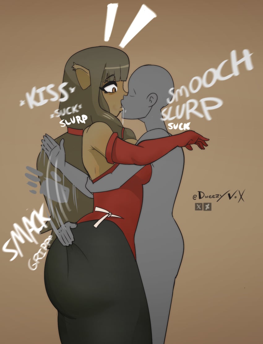 1boy 1girls anon anthro ass ass_grab big_ass bottom_heavy breasts brown_hair bubble_butt clothing dat_ass dweezyvox fat_ass female grabbing_another's_ass huge_ass kissing large_ass male miranda_(wakfu) png thick_ass thick_thighs wakfu wide_hips