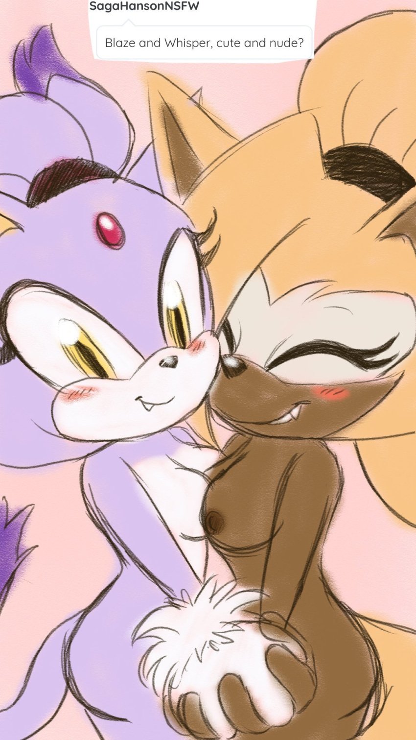 blaze_the_cat blush boobs_touching breasts cat closed_eyes colored_sketch cute cute_fang dark_skin eyelashes female female/female female_on_female gem_on_forehead hair_band hand_holding ko-fi lavender_fur naughty_foxxx nipples nude request scrunchie smiling smiling_at_viewer sonic_(series) tail thigh_up whisper_the_wolf white_fur wholesome_nudity wolf yellow_eyes yellow_fur yuri