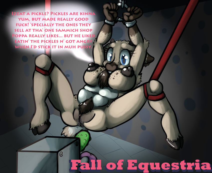 2015 anthro blue_eyes bondage bound breasts cervine clexyoshi dialogue dildo english_text fall_of_equestria fan_character mammal my_little_pony nipples nude pussy reindeer sex_toy suspended text