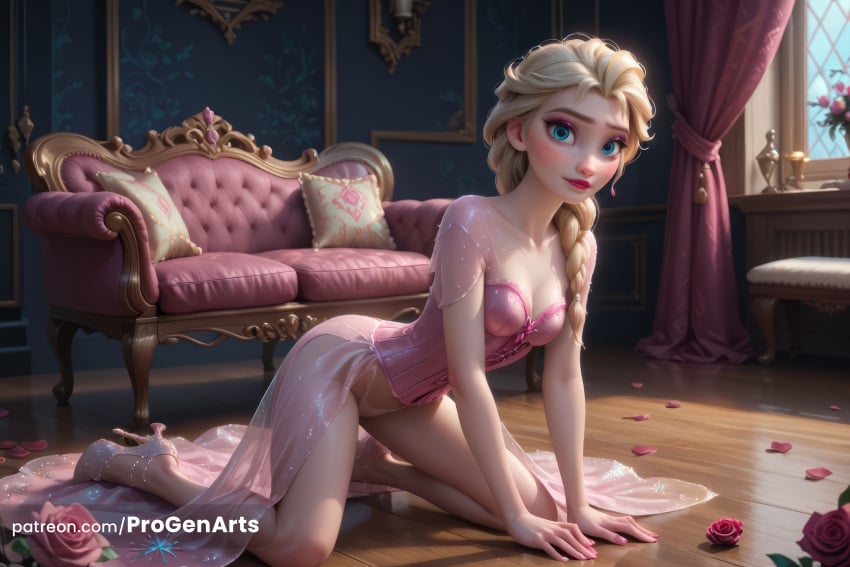 1girls ai_generated all_fours artist_name blonde_hair blue_eyes braid breasts cleavage corset couch curtains disney disney_princess dress elsa_(frozen) flower frozen frozen_(film) frozen_2 hair_over_shoulder hi_res high_heels indoors kneeling long_hair looking_at_viewer makeup medium_breasts petals pillow progenarts rose see-through single_braid small_breasts solo underwear window wooden_floor