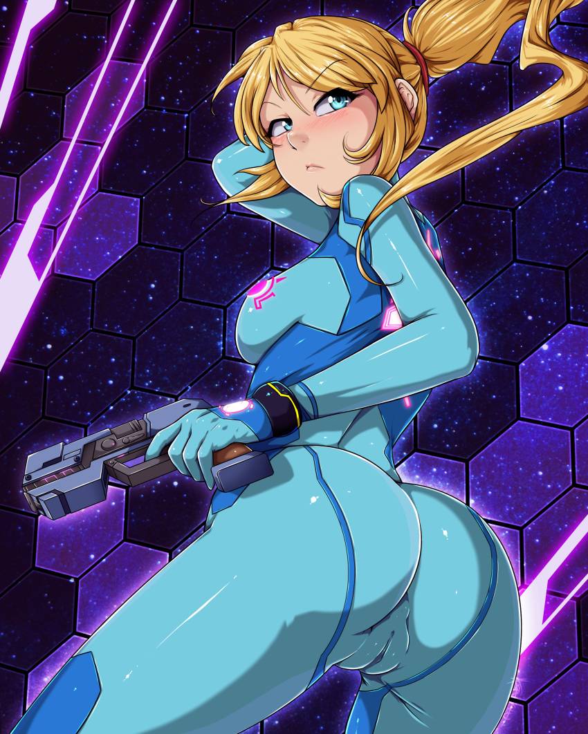 1girls animeflux ass ass_focus blonde_hair blue_eyes blush bodysuit breasts butt cameltoe dat_ass female female_only firearm gun handgun human jumpsuit long_hair metroid nintendo pistol ponytail pussy samus_aran shiny_clothes solo tied_hair tight_clothes weapon zero_suit zero_suit_samus