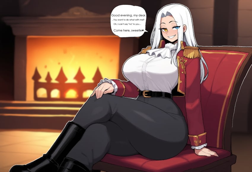 1girls ai_generated fireplace heart heterochromia huge_breasts long_hair looking_at_viewer milf novelai sitting solo_female speech_bubble text thick_thighs white_hair wide_hips