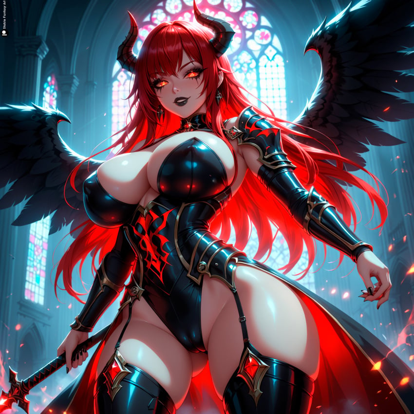 1female 1girls ai_generated ass bangs belly_button big_ass big_breasts black_wings blush blushing_at_viewer boob breasts child_bearing_hips church curvy curvy_female curvy_figure dark_aura demon demon_girl demon_horns devil devil_horns dominatrix fallen_angel fantasy female femdom fire_eyes horn horns horny huge huge_ass innie_belly_button light-skinned_female long_hair looking_at_viewer morrigan_(stblfantasy) navel original pale-skinned_female patreon presenting_breasts princess red_eyes red_hair sadistic sensual sexually_suggestive sexy shiny_skin solo solo_female solo_focus stable_diffusion stblfantasy suggestive thick thick_thighs thighs toned toned_body toned_female very_long_hair voluptuous voluptuous_female warrior window