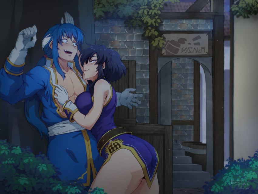 1boy 1girls against_tree alley ass assertive assertive_female bare_shoulders barrel belt big_ass black_hair blue_hair blush breast_press breasts bush commission couple crate eye_contact female fire_emblem fire_emblem:_genealogy_of_the_holy_war gloves groping half-closed_eyes hand_on_another's_chest headband height_difference highres kabedon larcei_(fire_emblem) large_breasts ledy liesday long_hair looking_at_another looking_at_viewer male naughty_face nintendo open_clothes open_mouth open_shirt outdoors ponytail public_indecency purple_tunic sidelocks sleeveless smile straight sweatdrop thighs tree tunic white_headband wide-eyed