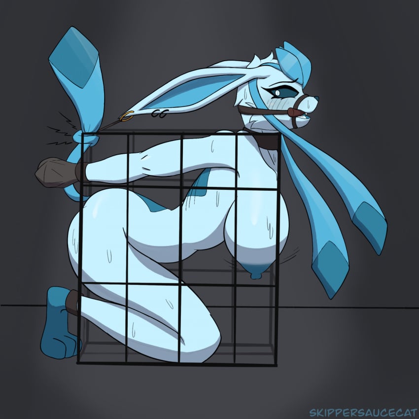 1:1 anthro anthrofied areola big_breasts bit_gag blue_body blue_fur bondage bondage bound breasts cage captured collar cuff_(restraint) ears_tied_back eeveelution female fur fur_markings gag gagged generation_4_pokemon glaceon handcuffed handcuffs hanging_breasts hi_res markings metal_cuffs nintendo pokemon pokemon_(species) pokemorph rape_play restraints skippersaucecat solo struggling tail tail_tied