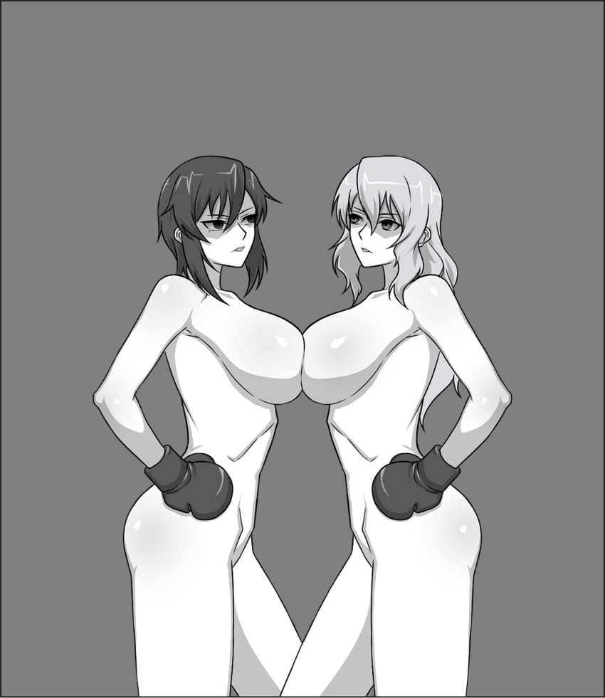 2girls big_ass big_breasts blonde_hair boxing_gloves breasts breasts_pressed_against_partner brown_hair catfight completely_naked completely_nude completely_nude_female naked naked_female nude nude_female original original_characters rekljn rib_bones sideboob staredown symmetrical_docking