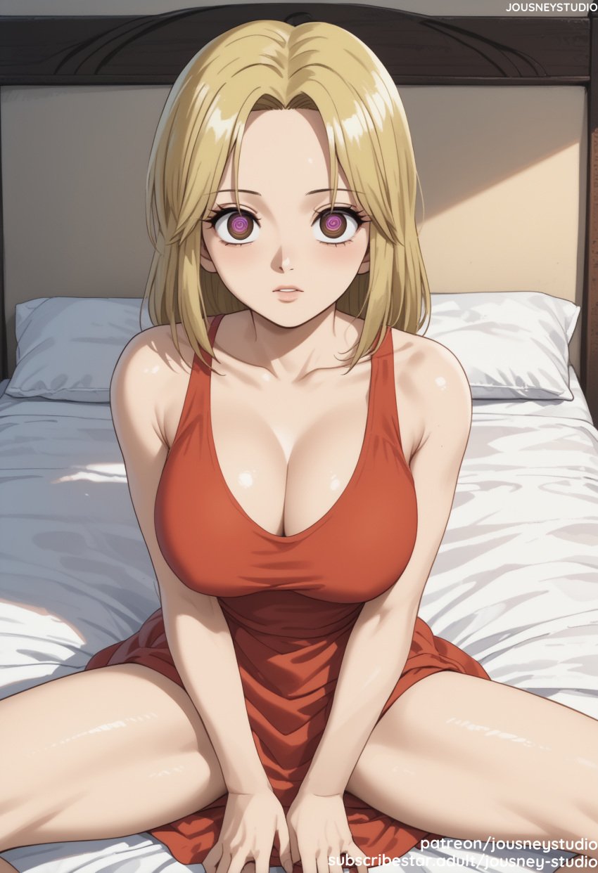 ai_generated bangs bare_arms bare_shoulders bed bed_sheet bedroom between_legs blonde_hair blush breasts brown_eyes clavicle cleavage closed_mouth clothing dress female female female_only forehead heart heart-shaped_pupils indoors jousneystudio kaya_(one_piece) large_breasts lips looking_at_viewer medium_hair on_bed one_piece parted_bangs parted_lips patreon_username pillow purple_eyes red_dress short_hair shounen_jump sitting sleeveless sleeveless_dress solo spread_legs symbol-shaped_pupils thighs trynectar.ai