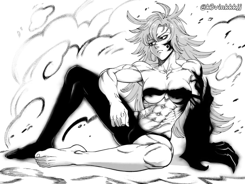 1girls abs athletic_female barefoot belly_button black_and_white black_eyes calf_muscles derieri eight_pack feet female female_only fit_female long_hair medium_breasts muscular_arms muscular_female muscular_legs muscular_thighs naked_female nanatsu_no_taizai navel nude_female seven_deadly_sins