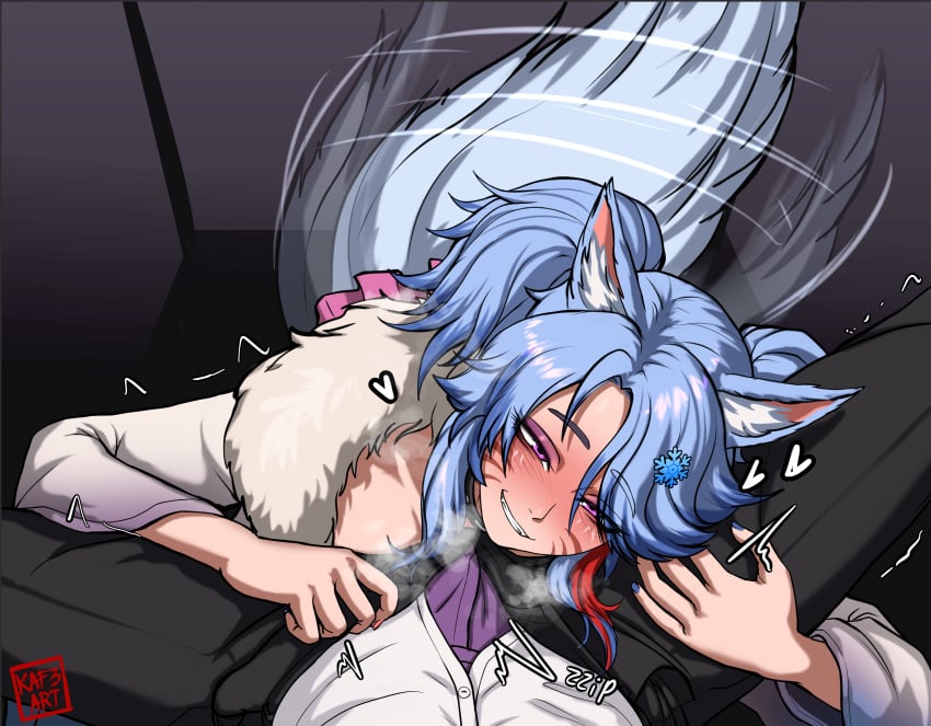 1boy 1futa animal_ears blue_hair chastity_cage chastity_device clothed clothing femboy flat_chastity_cage fluffy fluffy_tail fox fox_ears gyaru humanoid humanoid_penis kaf3art kemonomimi kuromaru_(original_character) light-skinned_futanari light_skin otokonoko prostitution tail trap