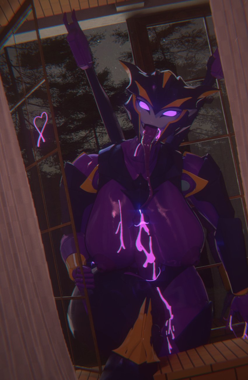 3d airachnid bravozerosix cum female female_focus futanari glowing_cum imminent_sex large_breasts robot robot_girl solo transformers transformers_prime window