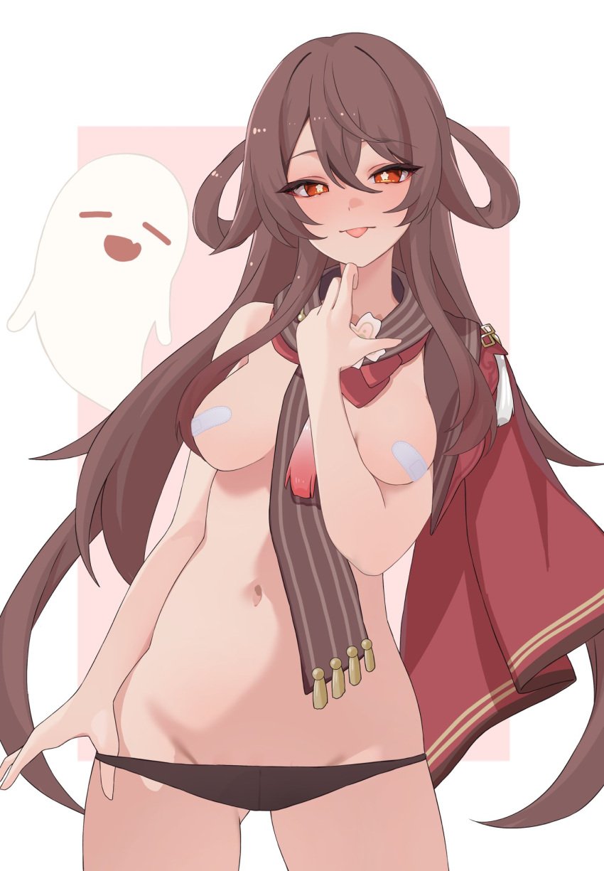 1other bandaid bandaids_on_nipples black_panties blush boo_tao_(genshin_impact) breasts brown_hair brown_scarf cape chobonu closed_mouth female flower-shaped_pupils genshin_impact hair_between_eyes highres hu_tao_(cherries_snow-laden)_(genshin_impact) hu_tao_(genshin_impact) long_hair looking_at_viewer navel nude official_alternate_costume orange_eyes panties pasties red_cape red_eyes scarf small_breasts solo stomach symbol-shaped_pupils tassel tongue tongue_out underwear white_background