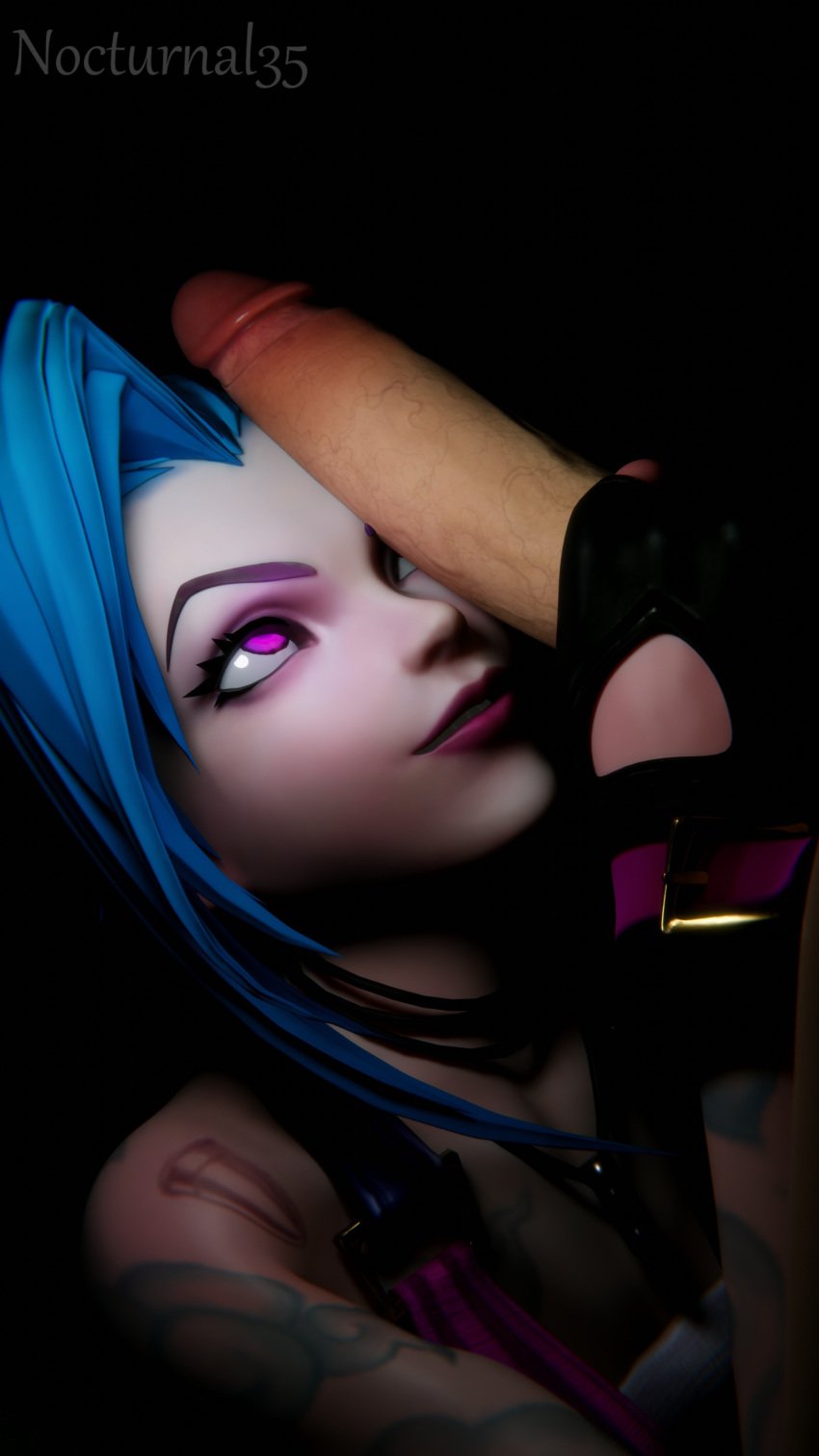 1boy 1girls 3d 3d_(artwork) 3d_model 3d_render big_penis blender blender_(artwork) blender_(software) blender_cycles blue_hair clothed fingerless_gloves gloves handjob jinx_(league_of_legends) league_of_legends league_of_legends:_wild_rift lipstick looking_up necklace nocturnal35 penis penis_on_face pink_eyes riot_games smile smiling tagme tattoos