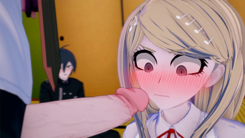 akamatsu_kaede big_penis cock_in_face cuckold hinata_hajime ntr saihara_shuuichi surprised_face