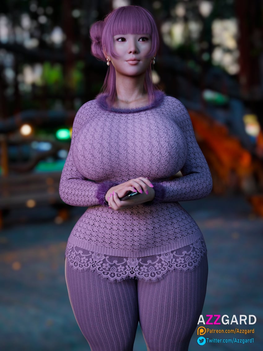 1girls 3d alternate_version_available areolae azzgard big_breasts breasts clothed clothes_female female female_only marioka_(azzgard) pants solo solo_female sweater voluptuous wide_hips