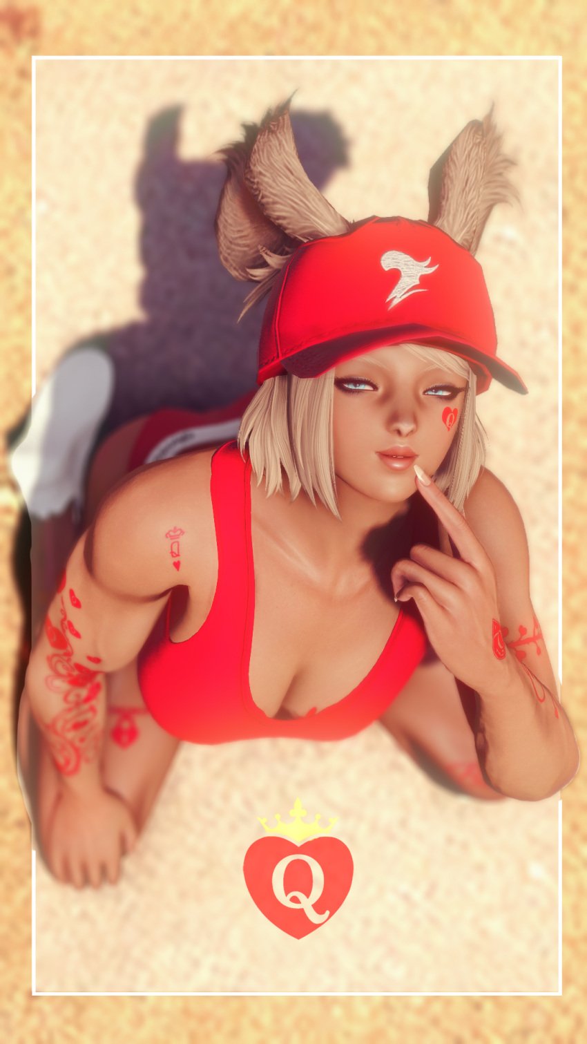 3d beach blue_eyes chereal eye_contact eye_contact_pov female female_only final_fantasy final_fantasy_xiv gpose(ffxiv) hi_res highres kneeling light_brown_hair presenting queen_of_hearts sand smirk sneakers sports_bra sportswear tagme tanned viera