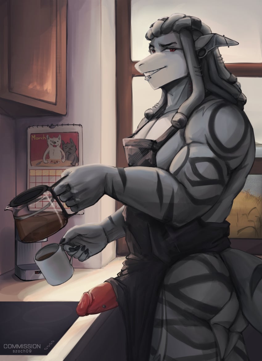 absurd_res anthro apron apron_only arectierection ass beverage big_breasts big_butt breasts clothed clothing coffee coffee_cup container cup dreadlocks fish genitals hair hi_res kitchen looking_at_viewer male male/male marine morning nude penis shark smile solo szoch tail teeth