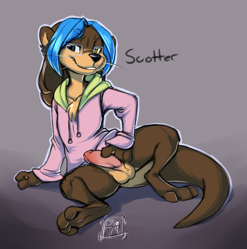 anthro erection eyewear fur girly glasses hair heterochromia highlights male mammal mustelid otter penis reign-2004 scott_(character) scotter solo