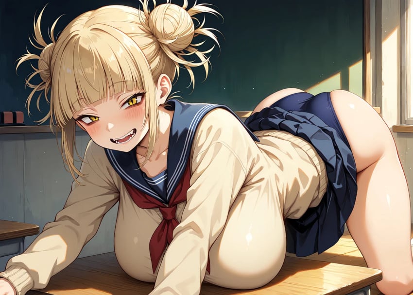 ai_generated bare_thighs big_ass big_butt blonde_hair boku_no_hero_academia doggy_style fat_ass gigantic_ass gigantic_breasts hair_bun himiko_toga huge_breasts huge_thighs imosaku4 light-skinned_female light_skin looking_at_viewer massive_ass massive_breasts my_hero_academia panties pantyhose sailor_uniform school_background school_uniform schoolgirl shounen_jump smiling solo_female squatting sweat sweatdrop thick_body thick_female thick_thighs thighs twintails upskirt voluptuous voluptuous_female yellow_eyes