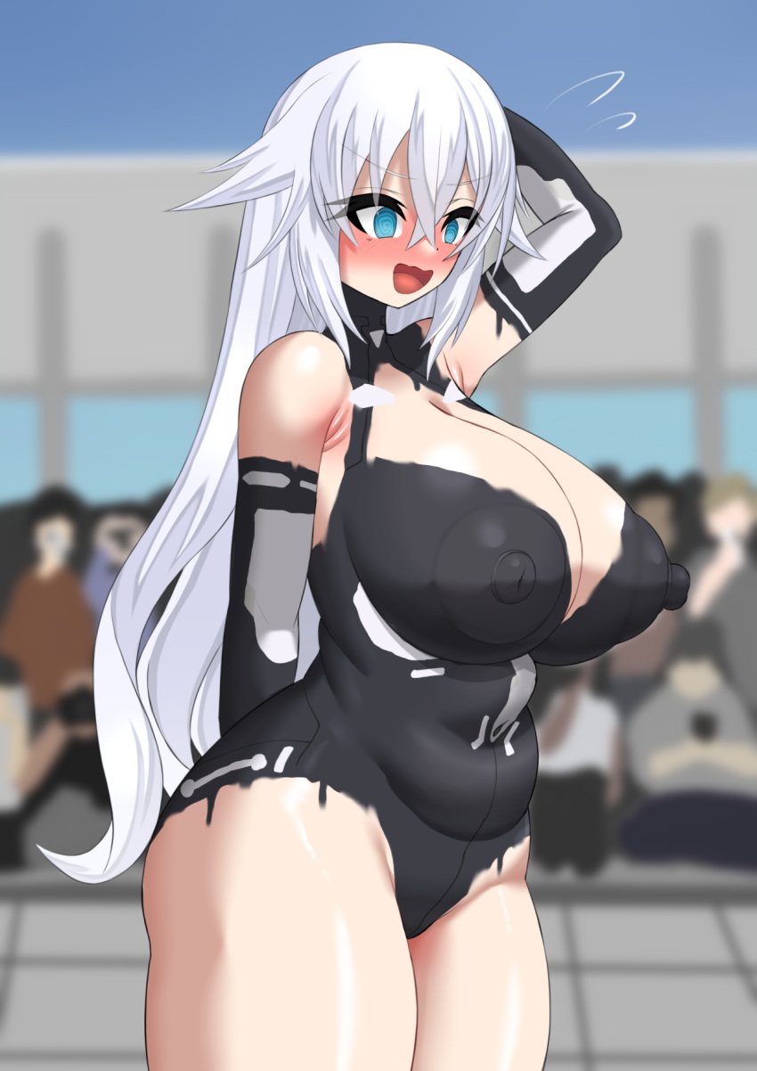 big_breasts black_heart blue_eyes blush bodypaint goddess long_hair neptunia_(series) nipples noire nude open_mouth outdoors polyester public voluptuous white_hair